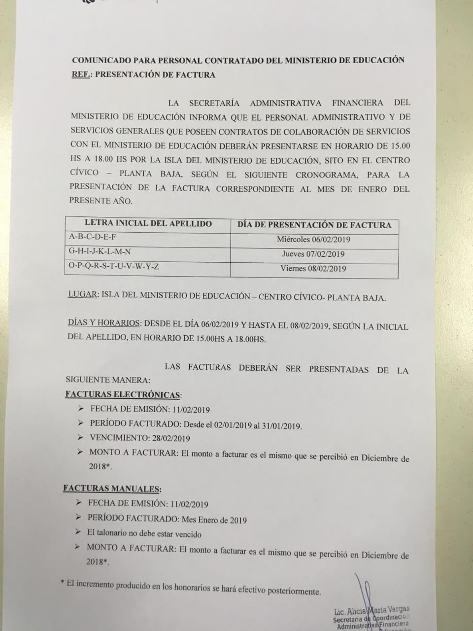 El Ministerio de Educación informa fechas de facturación y pago para el personal contratado administrativo y de Servicios