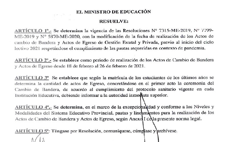 Autorizan los Actos de Cambio de Bandera y de Egreso ajustados a protocolos de salud y educación