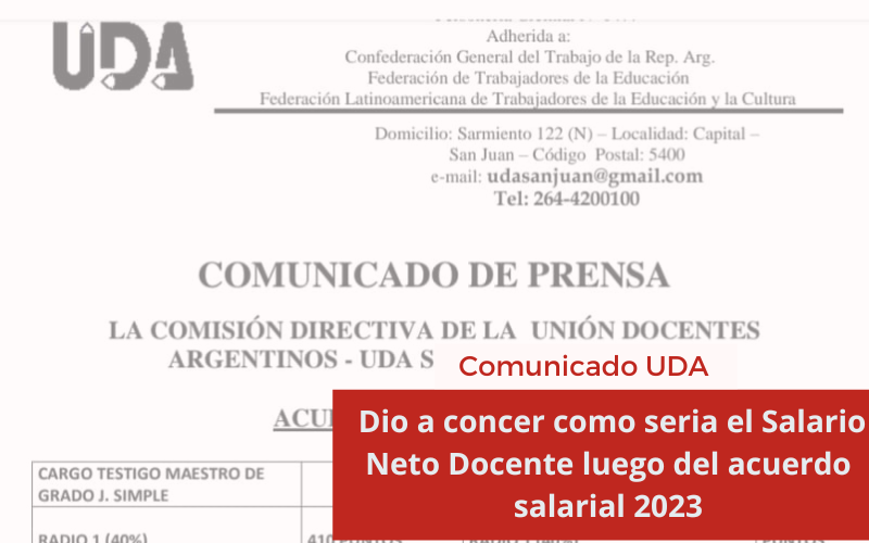 Comunicado UDA: Se dio a concer como seria el Salario Neto Docente luego del acuerdo salarial 2023