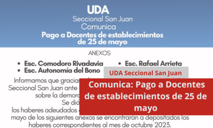 UDA Seccional San Juan, Comunica: Pago a Docentes de establecimientos de 25 de mayo